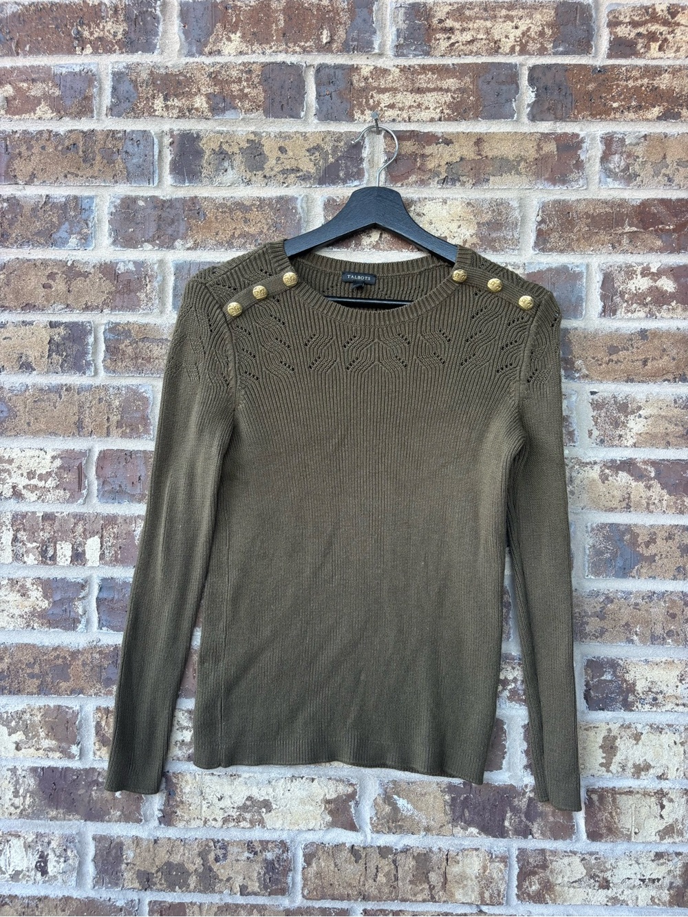 Talbots Olive Green Crewneck Sweater with Gold Shoulder Buttons